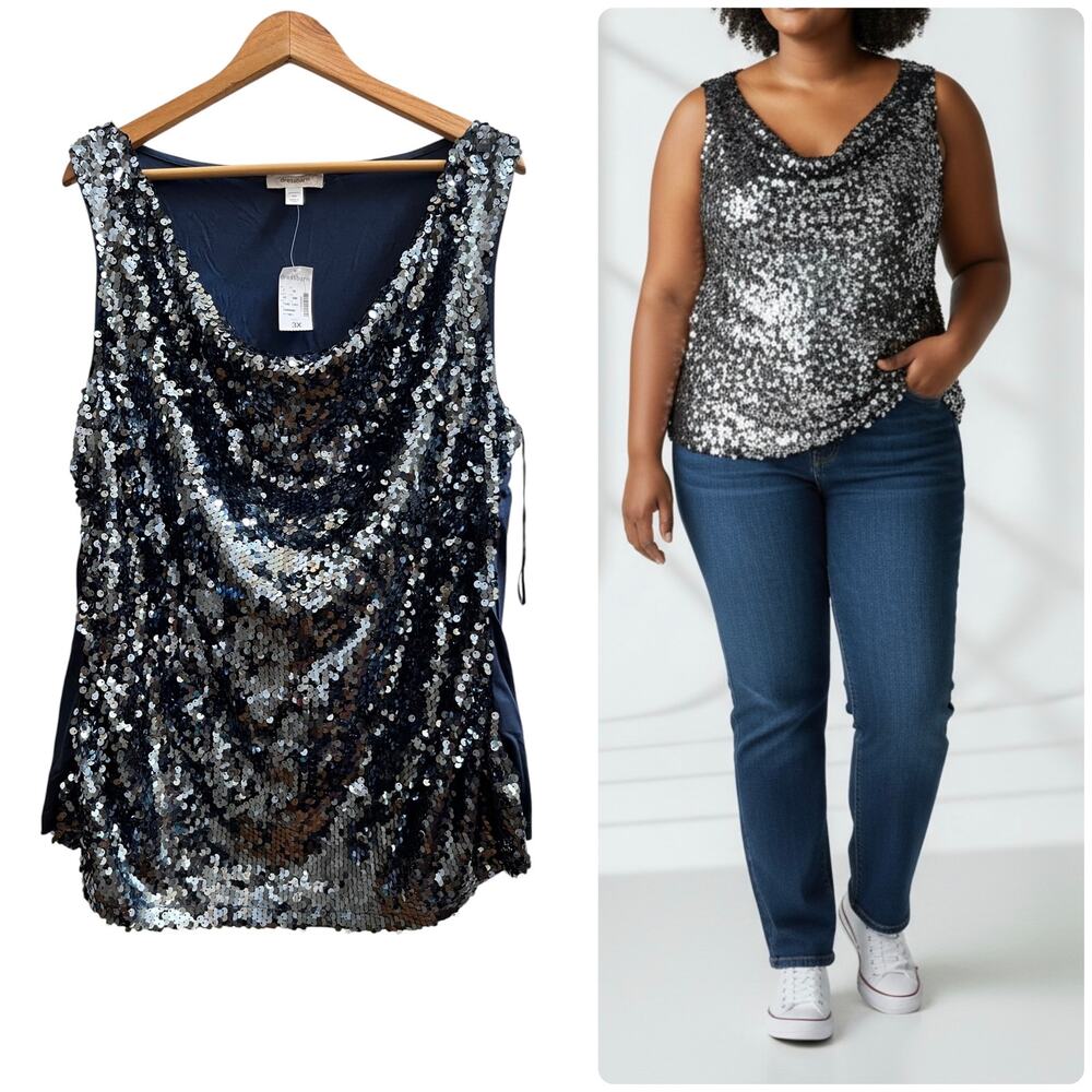 Dressbarn New Blue Front Sequined Cowl Drape Neck Tank Top 3X Party Cocktail